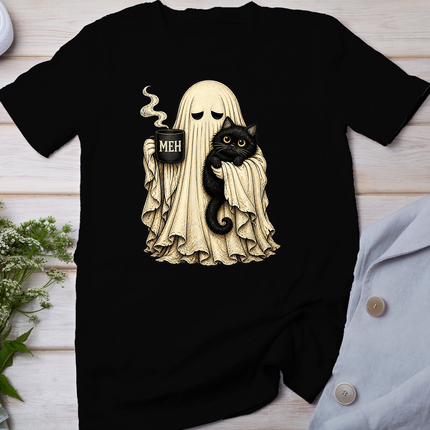 Ghost Black Cat Coffee Lover Funny Spooky Halloween T-Shirt