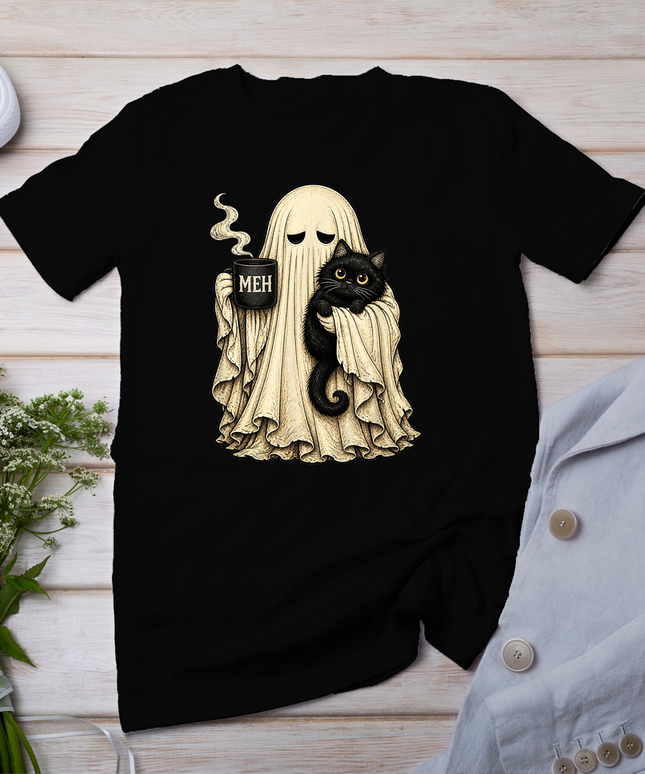 Ghost Black Cat Coffee Lover Funny Spooky Halloween T-Shirt