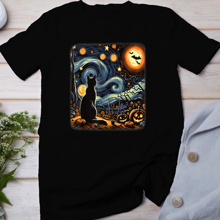 Halloween Van Gogh Starry Night Black Cat Pumpkins Bats T-Shirt