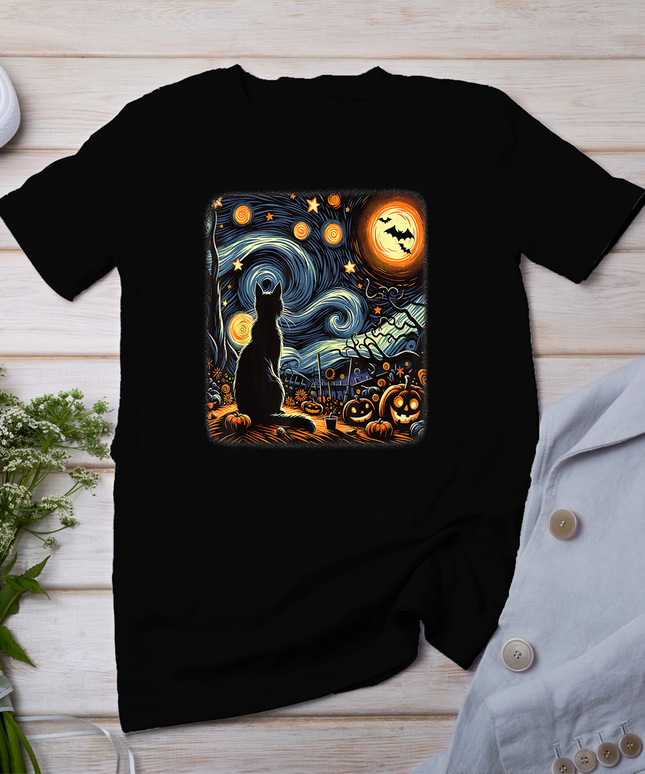 Halloween Van Gogh Starry Night Black Cat Pumpkins Bats T-Shirt