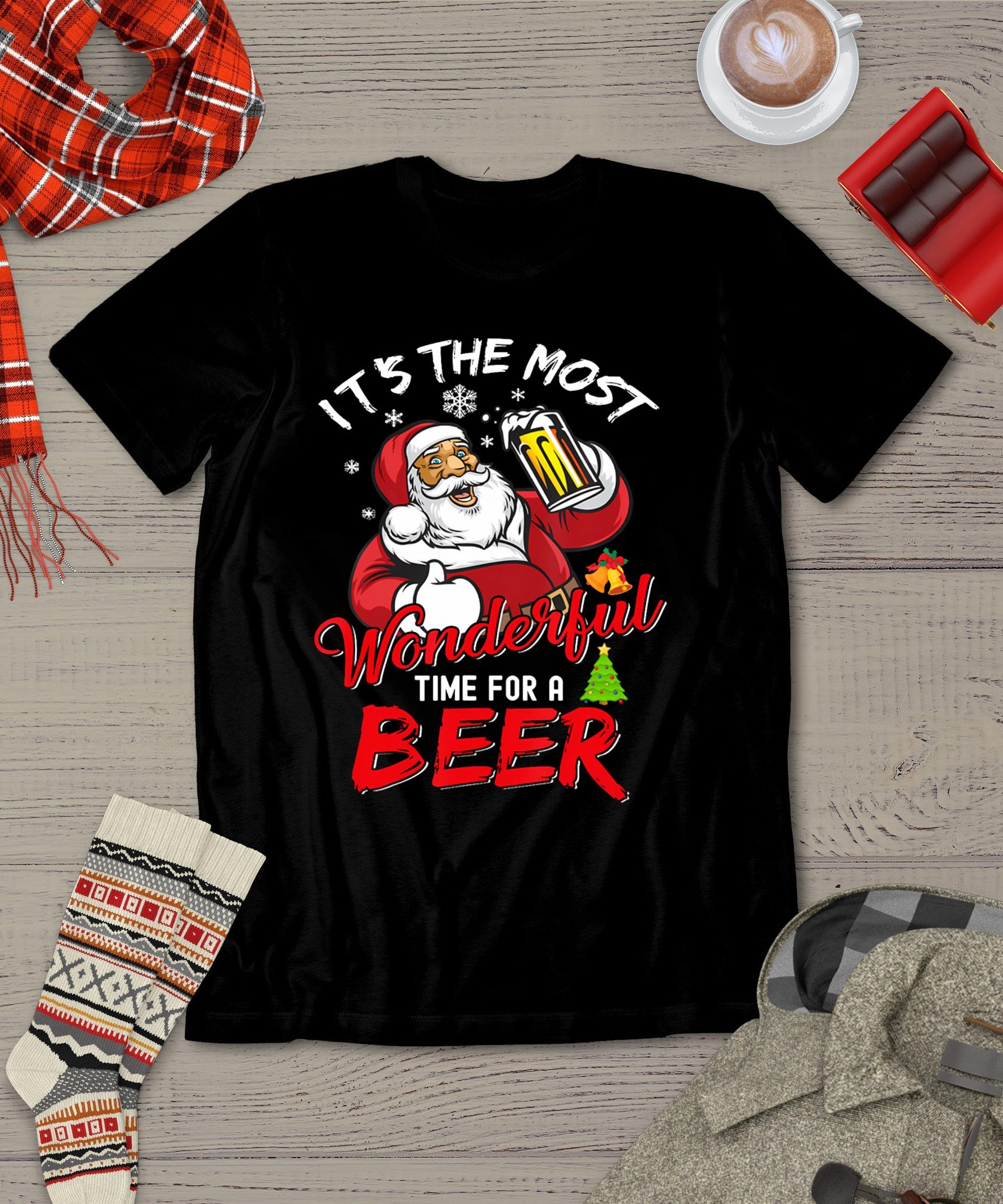 Funny Christmas Santa Claus Drinking Beer Wonderful Time T-Shirt