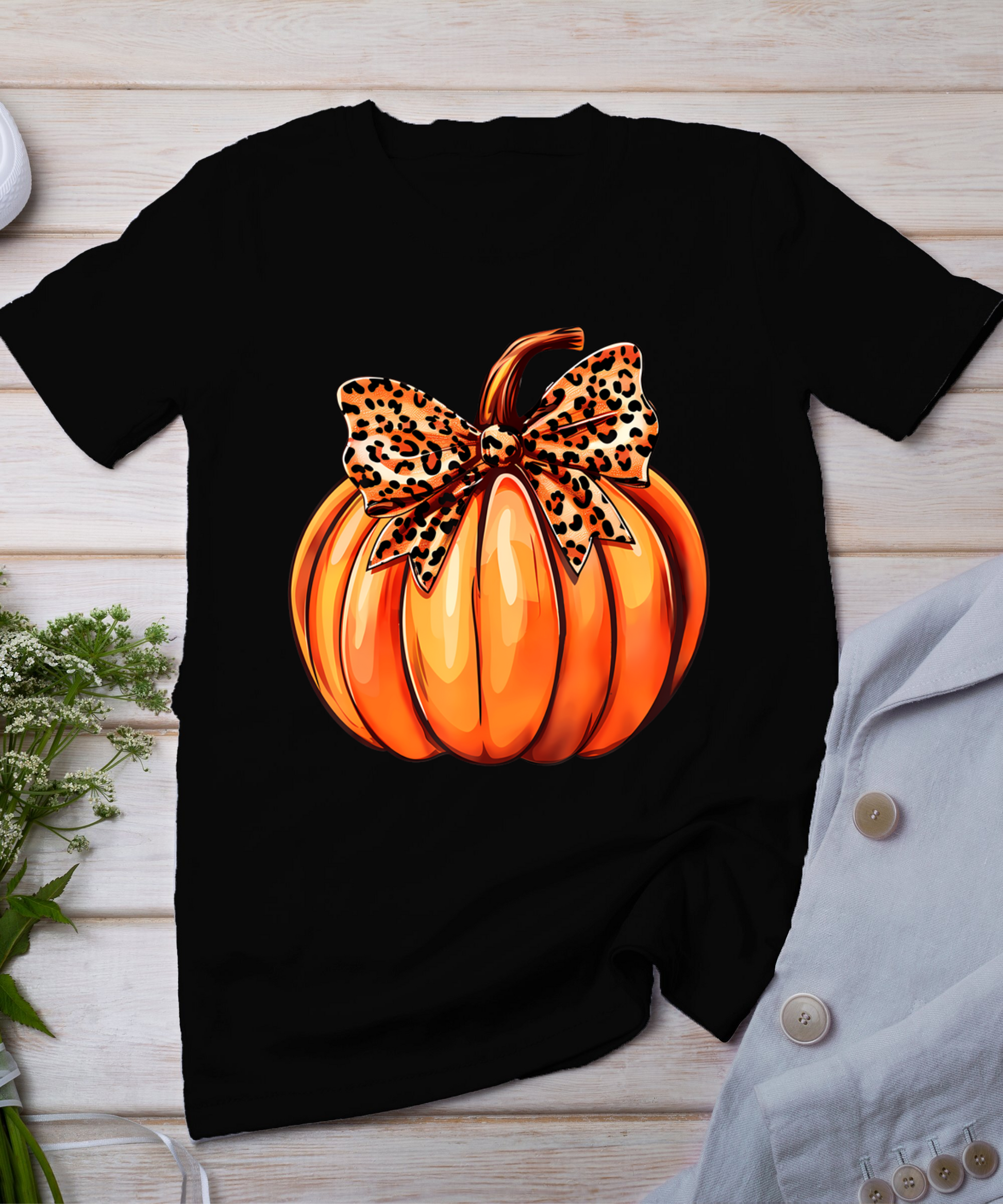 Coquette Bow Leopard Pumpkin Thanksgiving Rustic Fall Women T-Shirt