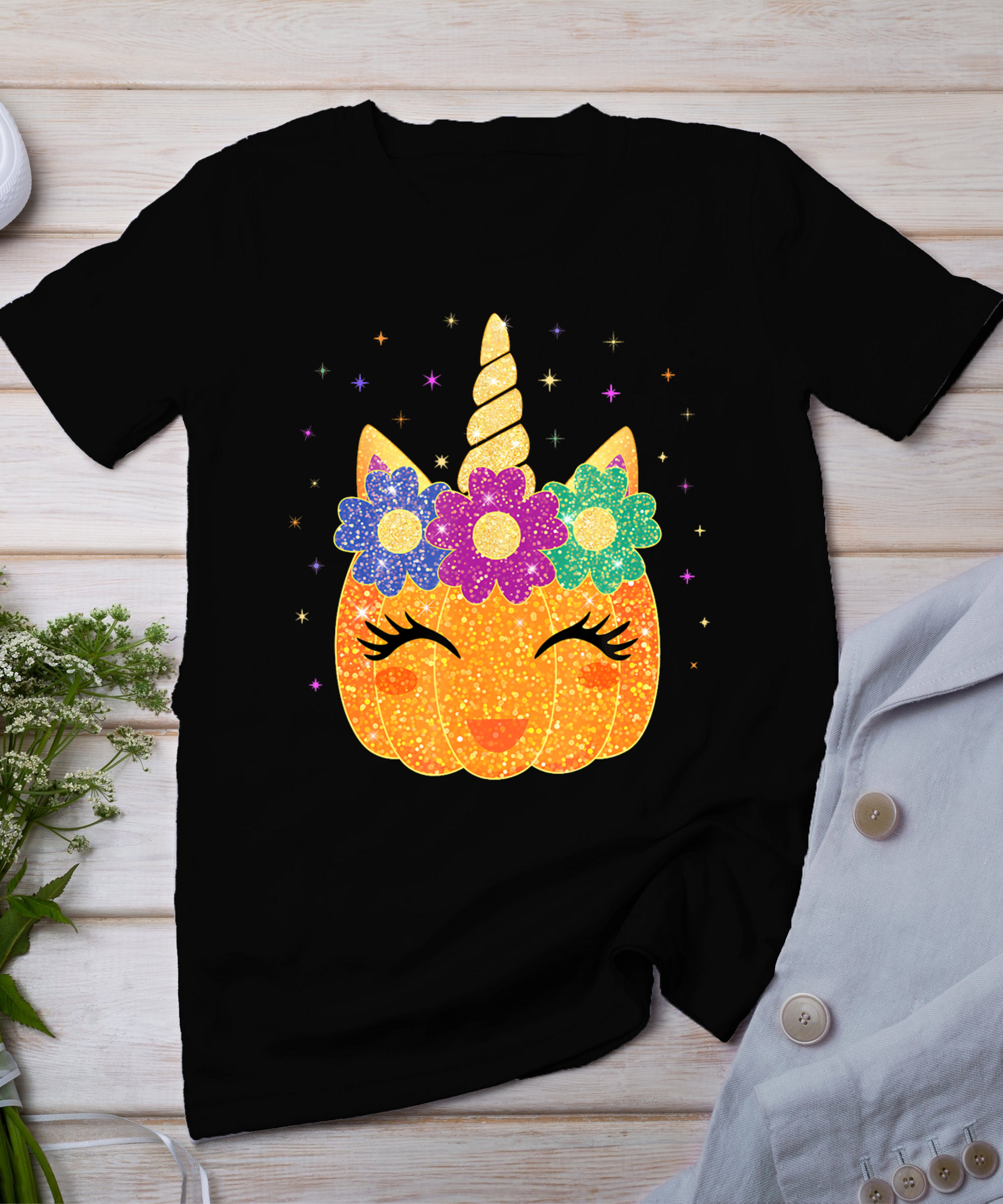 Unicorn Pumpkin Halloween Thanksgiving Girls Kids T-Shirt