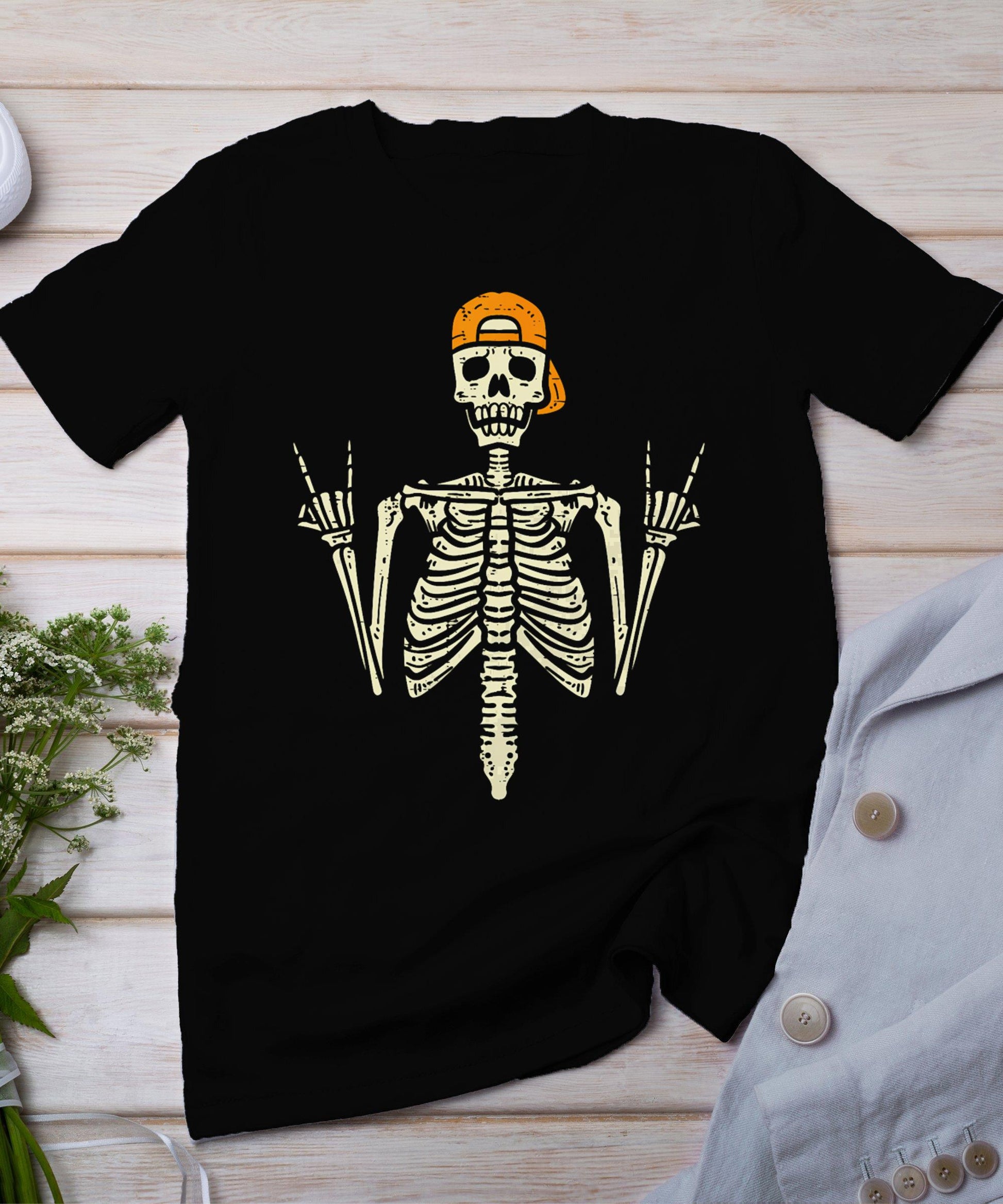 Rocker Skeleton Cap Skater Cool Halloween Punk Rock Men Boys T-Shirt