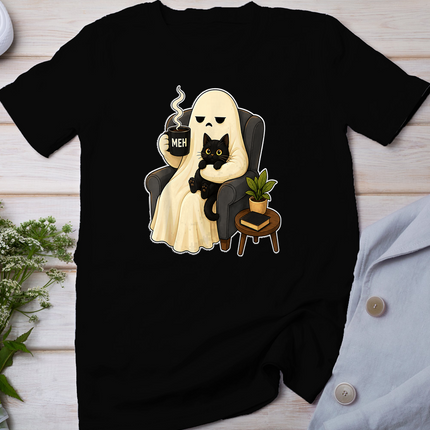 Meh Grumpy Ghost Holding Coffee Mug and Black Cat Halloween T-Shirt