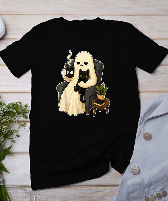 Meh Grumpy Ghost Holding Coffee Mug and Black Cat Halloween T-Shirt