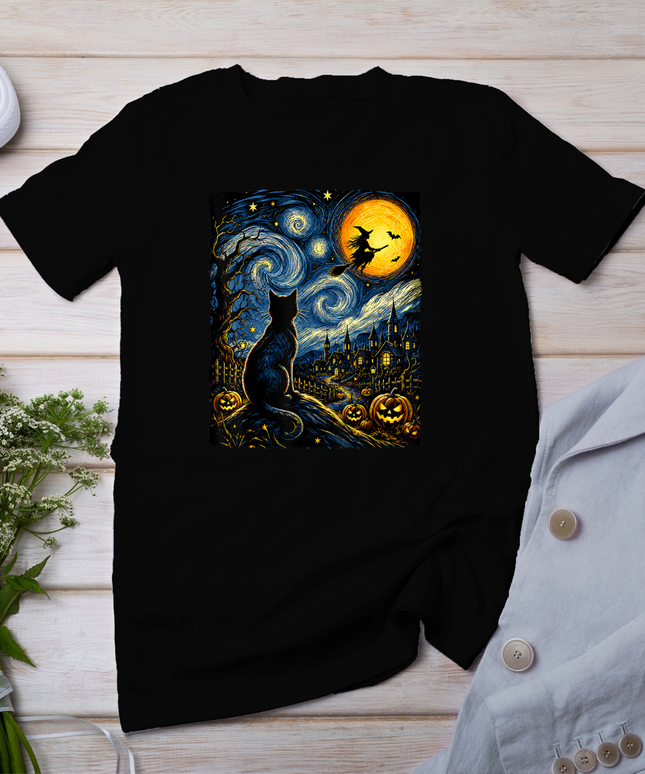 Cat Starry Night Van Gogh Halloween Witch Costume Men Women T-Shirt