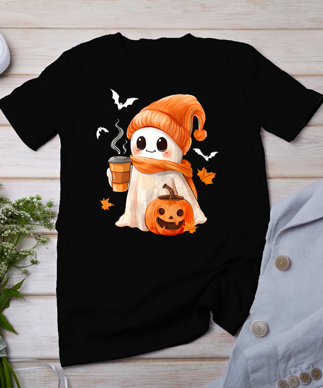 Cute Ghost Drinking Coffee Halloween Ghost Ice Coffee Womens T-Shirt