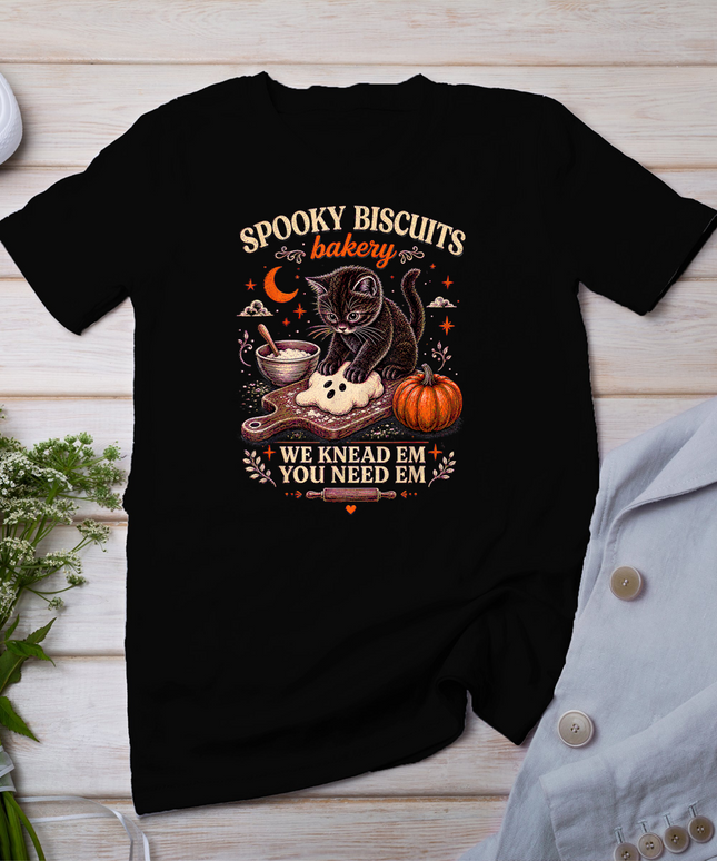 Spooky Biscuits Bakery Cat Kneading Fall Halloween Novelty T-Shirt
