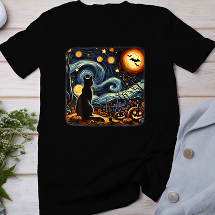 Halloween Van Gogh Starry Night Black Cat Pumpkins Bats T-Shirt