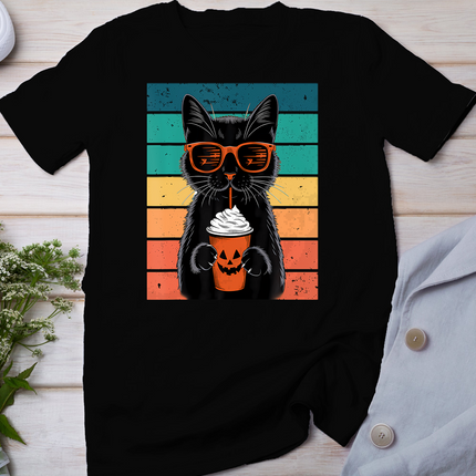 Black Cat Hipster Trick Or Treat Funny Halloween Black Cat T-Shirt