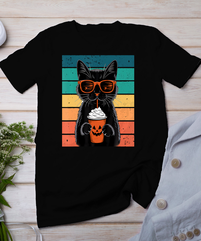 Black Cat Hipster Trick Or Treat Funny Halloween Black Cat T-Shirt