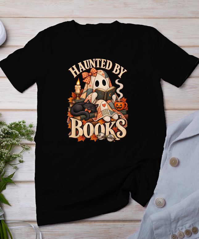 Haunted By Books Vintage Ghost Reading Halloween Book Lover T-Shirt