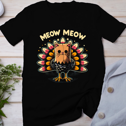 Funny Thanksgiving Shirt For Men Women Kids Meow Cat Turkey T-Shirt