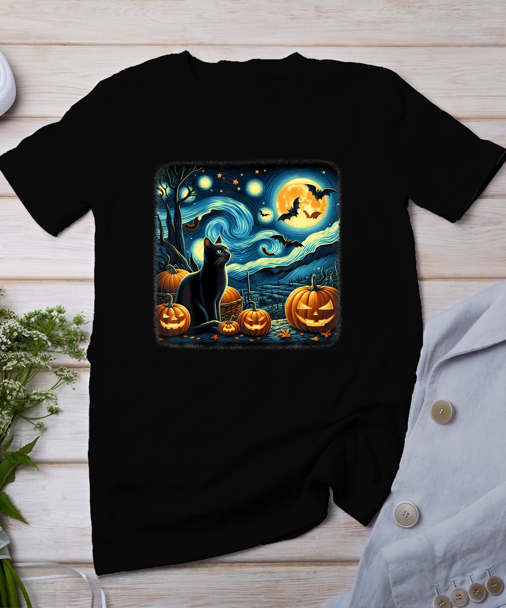 Van Gogh Starry Night Black Cat Halloween Pumpkin Cat Lover T-Shirt