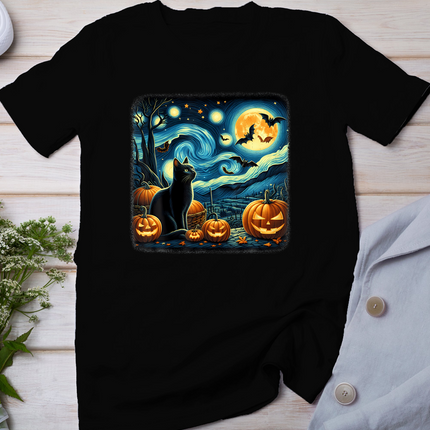 Van Gogh Starry Night Black Cat Halloween Pumpkin Cat Lover T-Shirt