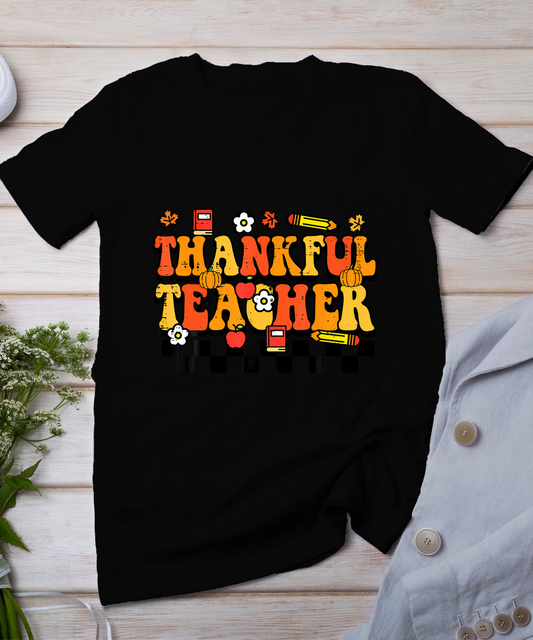 Thankful Teacher Retro Groovy Thanksgiving Fall Women Men T-Shirt