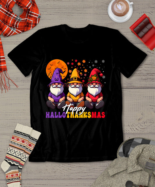 Halloween Thanksgiving Christmas Happy Hallothanksmas Gnomes T-Shirt