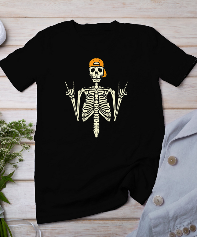 Rocker Skater Skeleton Cap Cool Halloween Punk Men Boys T-Shirt