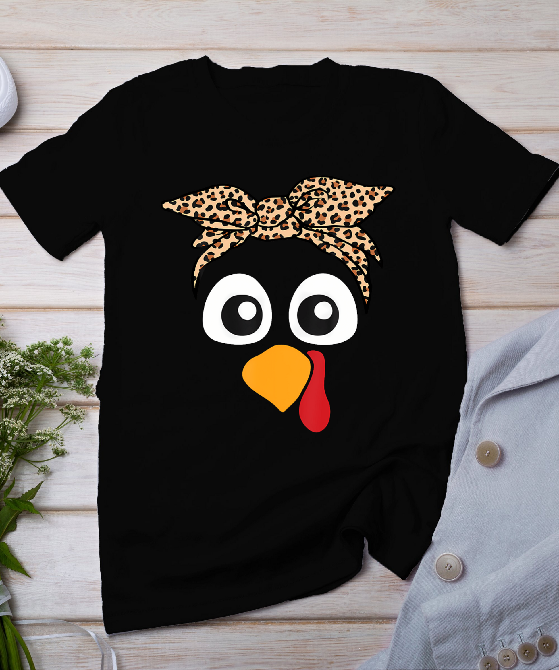 Turkey Face Leopard Headband Womens Thanksgiving Pilgrim T-Shirt