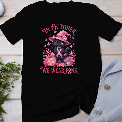 Halloween Witch Black Cat We Wear Pink Ribbon Breast Cancer T-Shirt