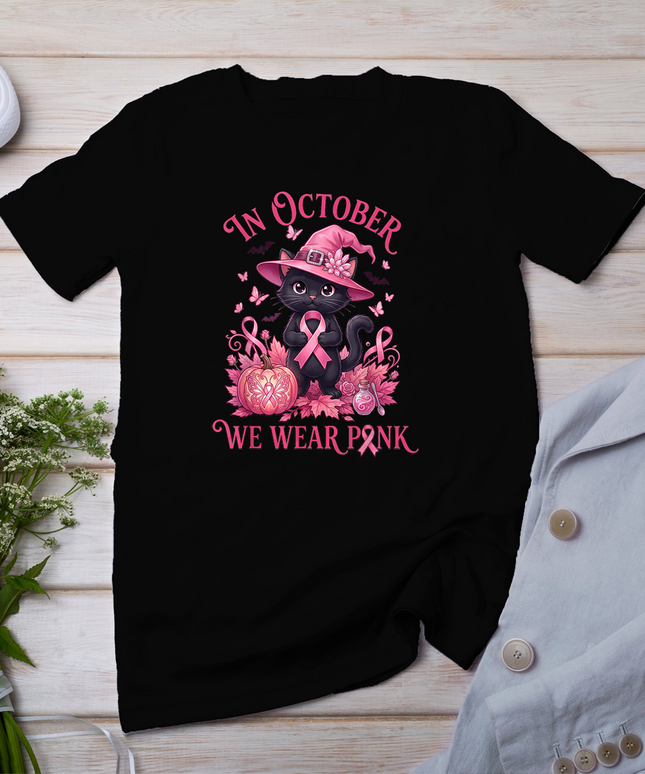 Halloween Witch Black Cat We Wear Pink Ribbon Breast Cancer T-Shirt