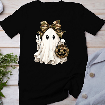 Cute Halloween Camo Bow Ghost Pumpkin Basket Women Girl Kid T-Shirt