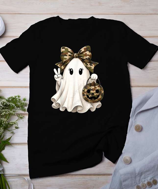 Cute Halloween Camo Bow Ghost Pumpkin Basket Women Girl Kid T-Shirt