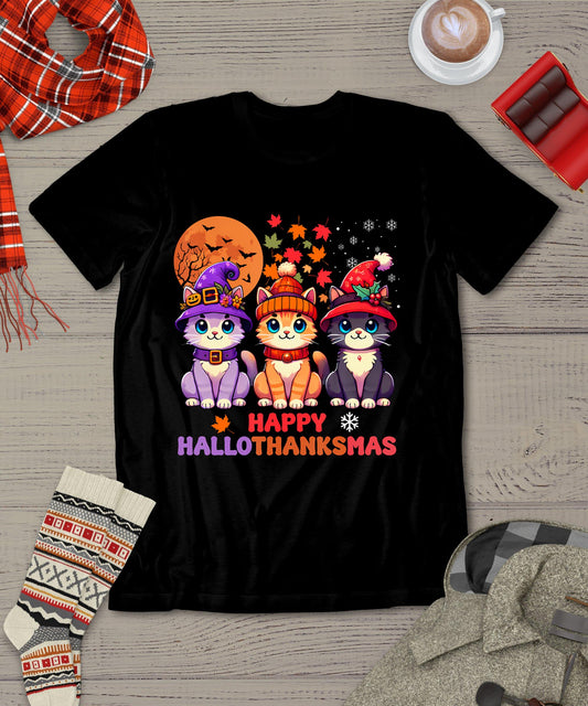 Halloween Thanksgiving Christmas Happy Hallothanksmas Cats T-Shirt