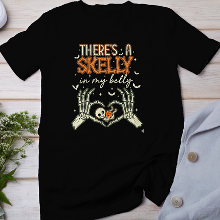 There's A Skelly in My Belly Funny Halloween Pregnancy Annou T-Shirt
