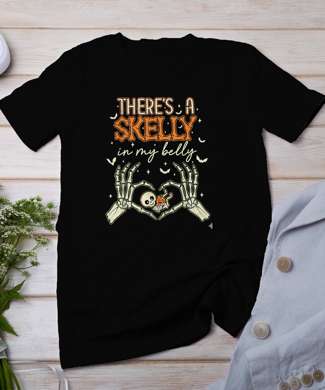 There's A Skelly in My Belly Funny Halloween Pregnancy Annou T-Shirt