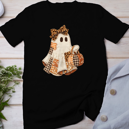 Fall Ghost with Pumpkin Printed Patchwork Ghost Quilters T-Shirt