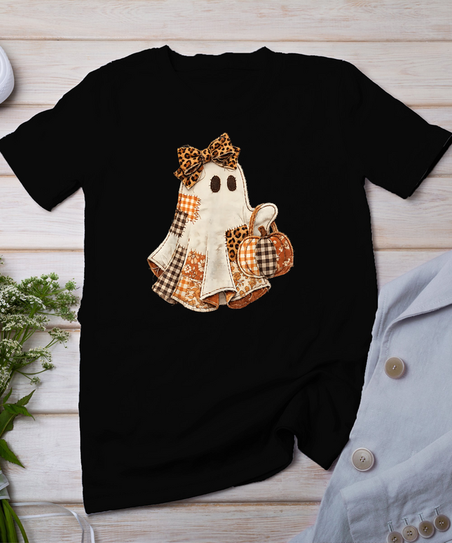 Fall Ghost with Pumpkin Printed Patchwork Ghost Quilters T-Shirt