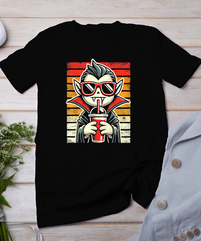 Retro Hipster Vampire with Smoothie Halloween Funny Vampire T-Shirt