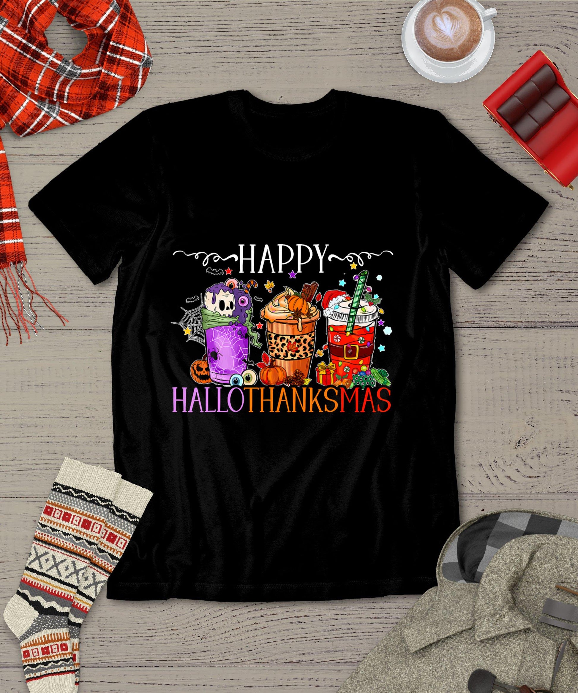 Happy Hallothanksmas Halloween Thanksgiving Christmas T-Shirt