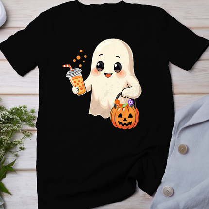 Cute Halloween Ghost With Candy Bucket And Boba Tea Kids T-Shirt