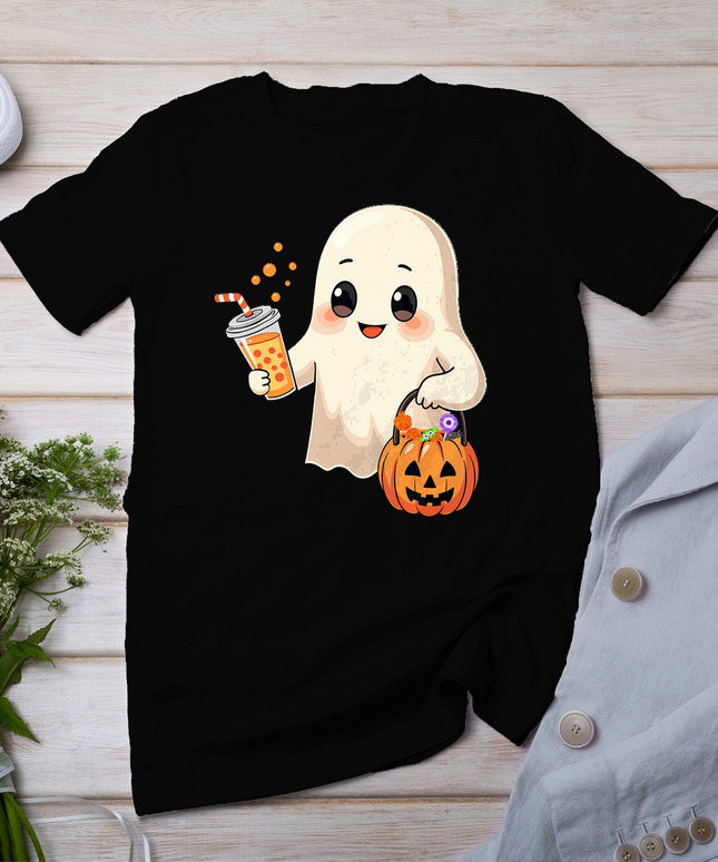 Cute Halloween Ghost With Candy Bucket And Boba Tea Kids T-Shirt