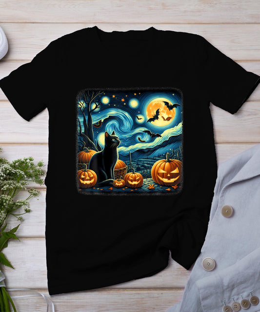 Van Gogh Starry Night Black Cat Halloween Pumpkin Cat Lover T-Shirt