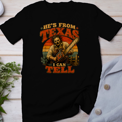 Retro Hes from Texas I Can Tell Chainsaw Horror Halloween T-Shirt