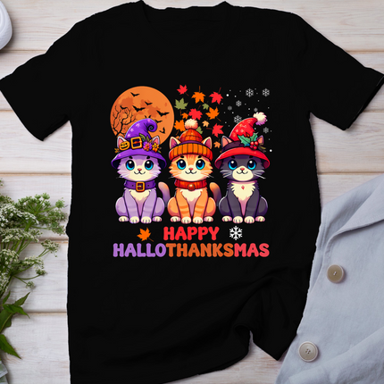 Halloween Thanksgiving Christmas Happy Hallothanksmas Cats T-Shirt