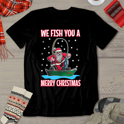Christmas Costume Fisherman Fishing Funny Cool Santa Claus T-Shirt