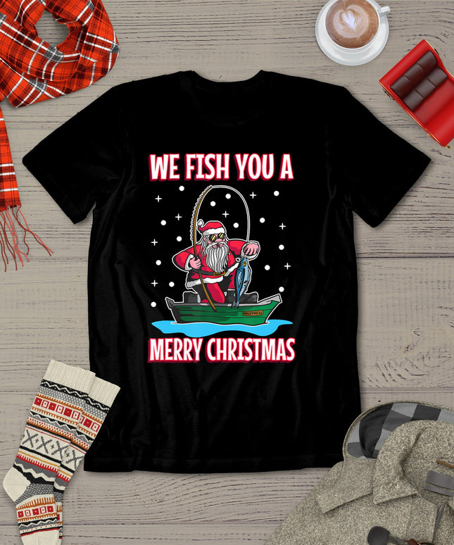 Christmas Costume Fisherman Fishing Funny Cool Santa Claus T-Shirt
