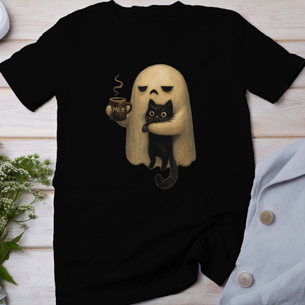 Spooky Ghost Holding Black Cat Coffee Lover Funny Halloween T-Shirt