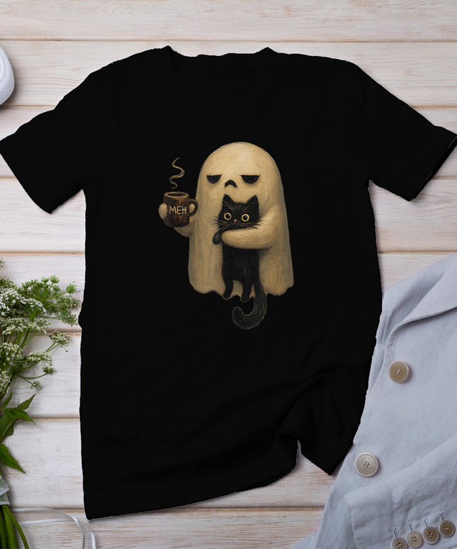 Spooky Ghost Holding Black Cat Coffee Lover Funny Halloween T-Shirt