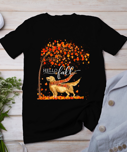 Hello Fall Tree Thanksgiving Dog Lover Golden Retriever T-Shirt