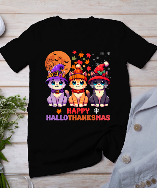 Halloween Thanksgiving Christmas Happy Hallothanksmas Cats T-Shirt