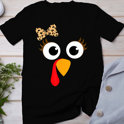 Turkey Face Girl Leopard Bow Thanksgiving Costume Turkey T-Shirt