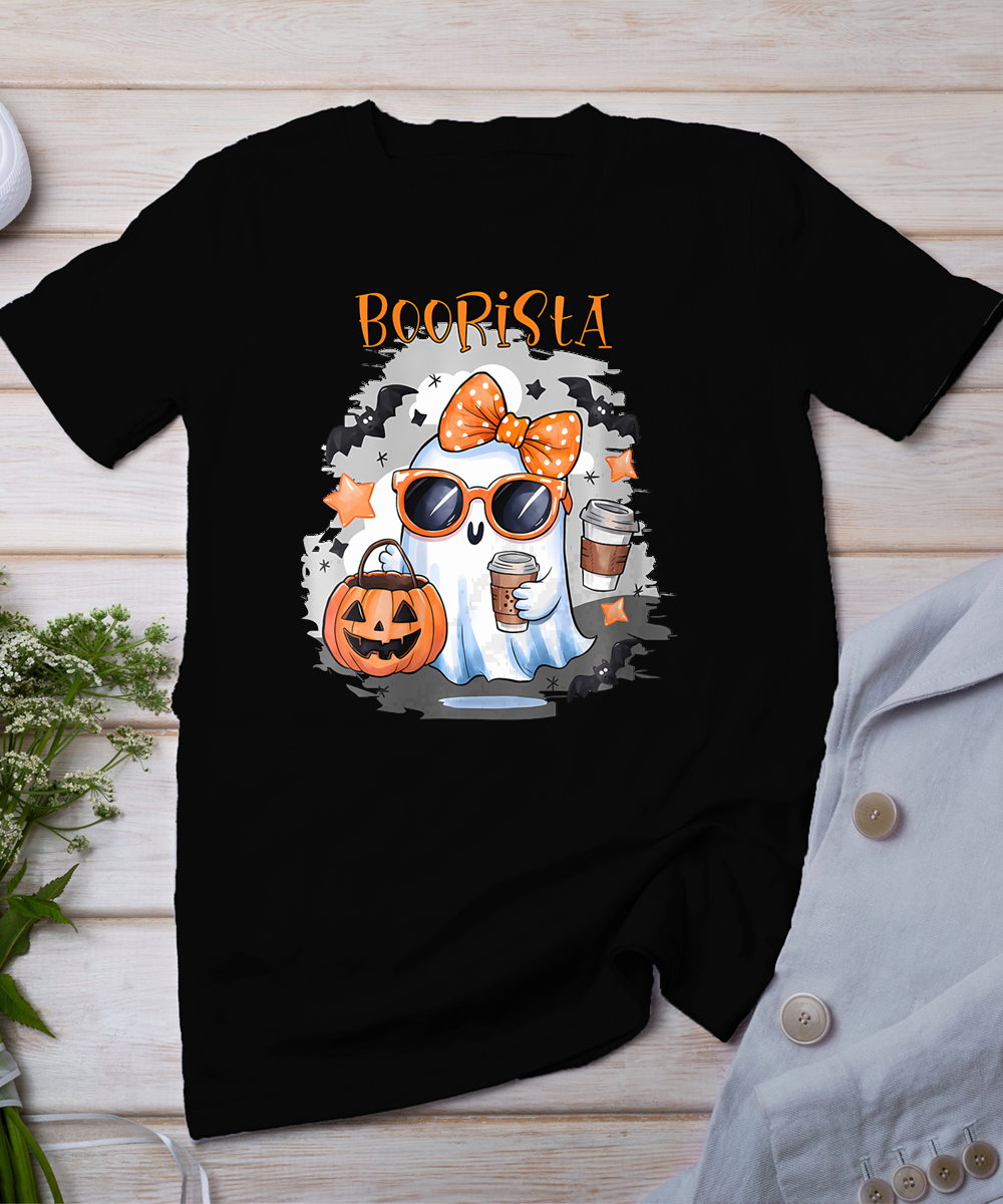 Boorista Funny Halloween Ghost Holding Coffee And A Pumpkin T-Shirt
