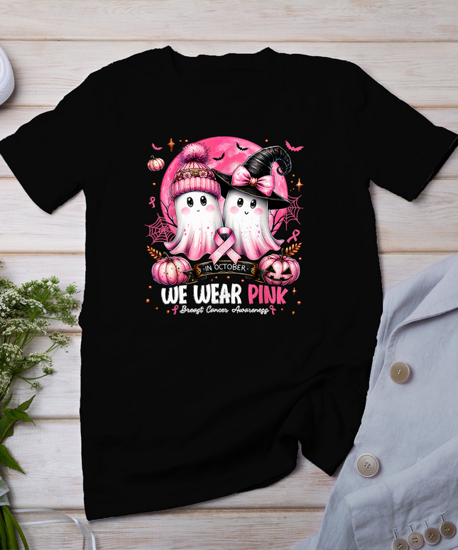 in October We Wear Pink Ghost Witch Breast Cancer Awareness T-Shirt