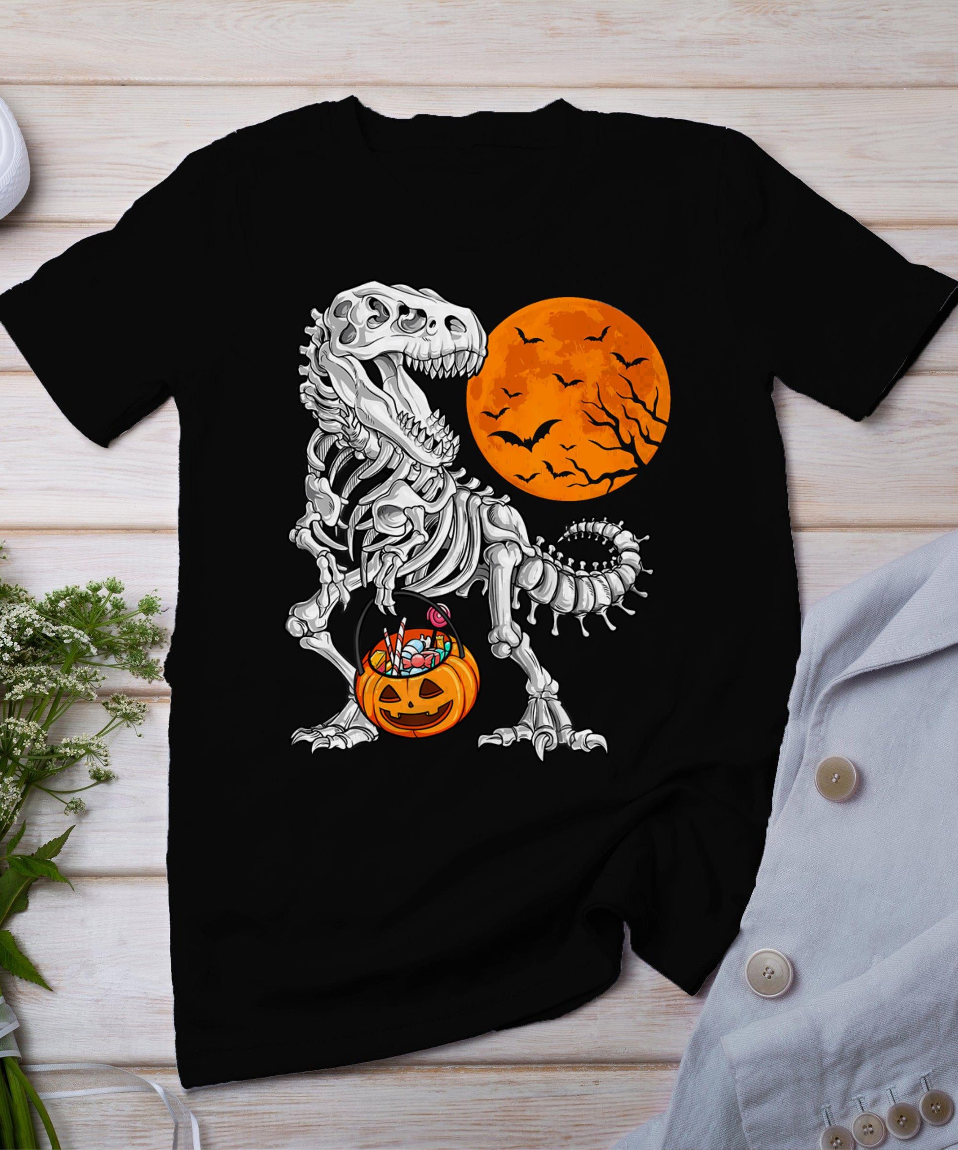 Halloween Dinosaur Skeleton T Rex Scary Pumpkin Moon T-Shirt